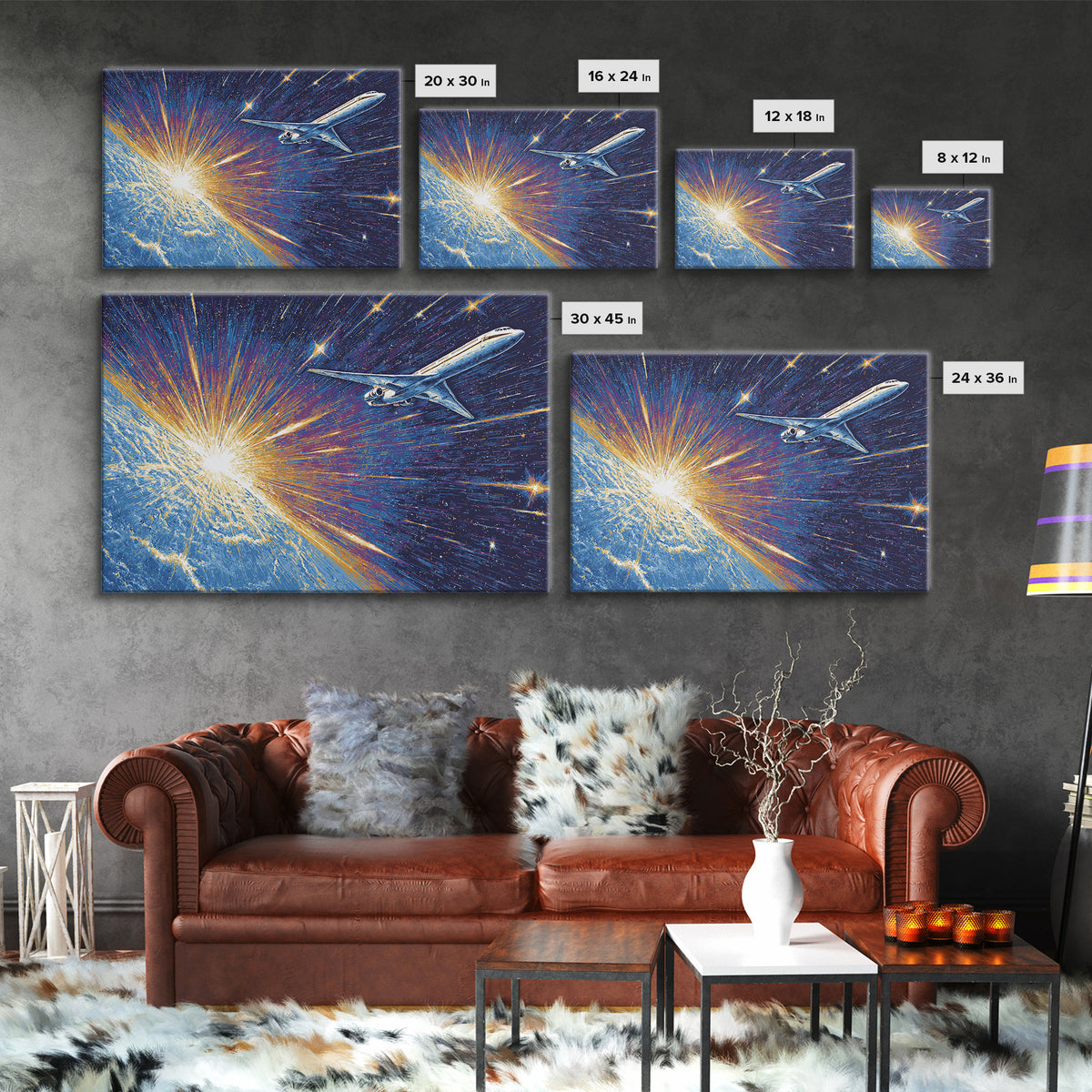 Space Age Jet Over Earth Wall Art, Midcentury Modern Poster, Retro Sci Fi Aviation Print, Blue Atomic Home Decor Gift For Him