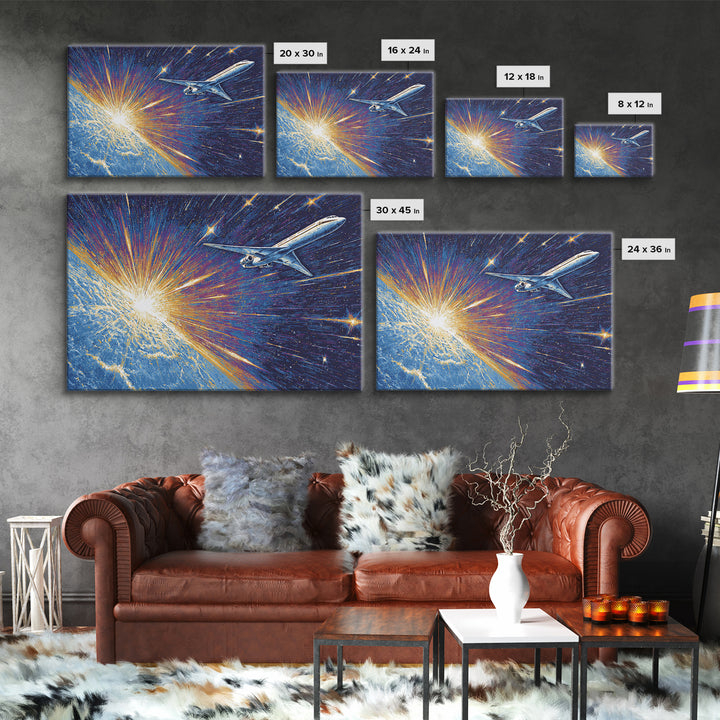 Space Age Jet Over Earth Wall Art, Midcentury Modern Poster, Retro Sci Fi Aviation Print, Blue Atomic Home Decor Gift For Him