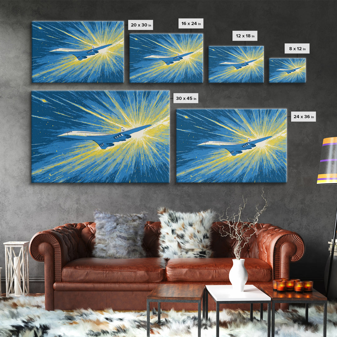 Supersonic Jet Burst Framed Canvas Print, Midcentury Modern Wall Art, Retro Sci Fi Poster, Blue Yellow Aviation Home Decor