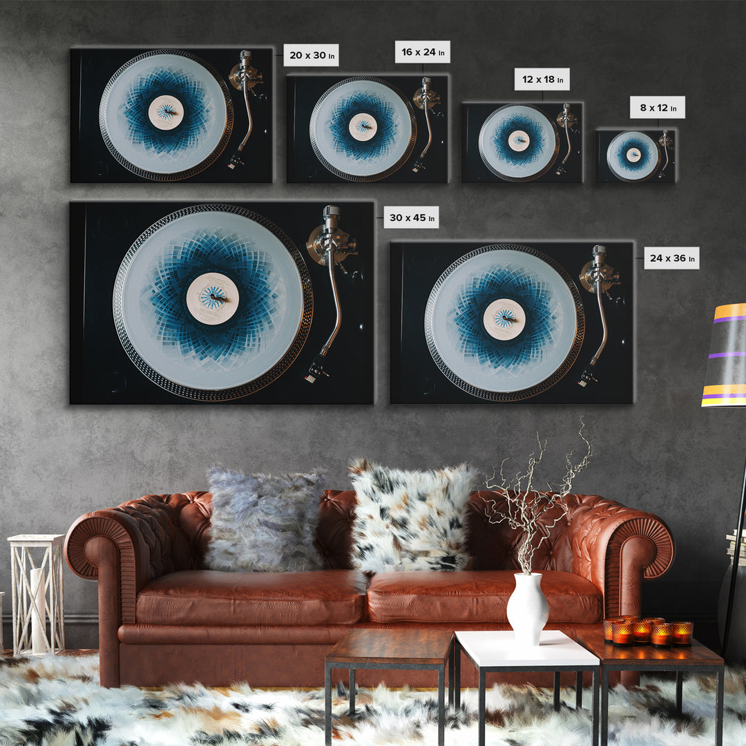 Blue Spirograph Vinyl Record Framed Canvas Print, Modern Music Wall Decor, Turntable Photography, Geometric MCM Art Print