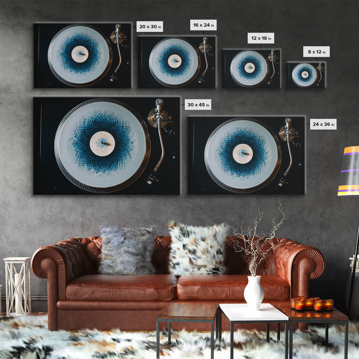 Blue Spirograph Vinyl Record Framed Canvas Print, Modern Music Wall Decor, Turntable Photography, Geometric MCM Art Print