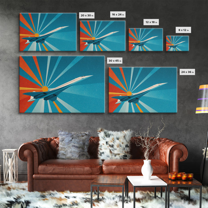 Retro Jet Sunrise Rays Canvas Print, Midcentury Modern Wall Art, Atomic Aviation Poster, Teal Orange Travel Decor Gift For Him