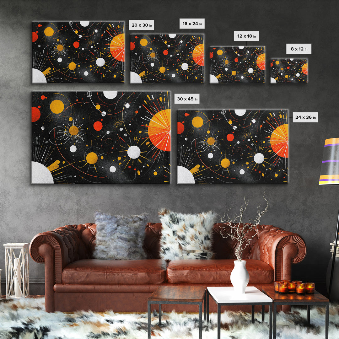 Atomic Black Cosmic Orbits With Red And Gold Suns Wall Art, Mid Century Modern Space Abstract Print, Retro MCM Wall Decor