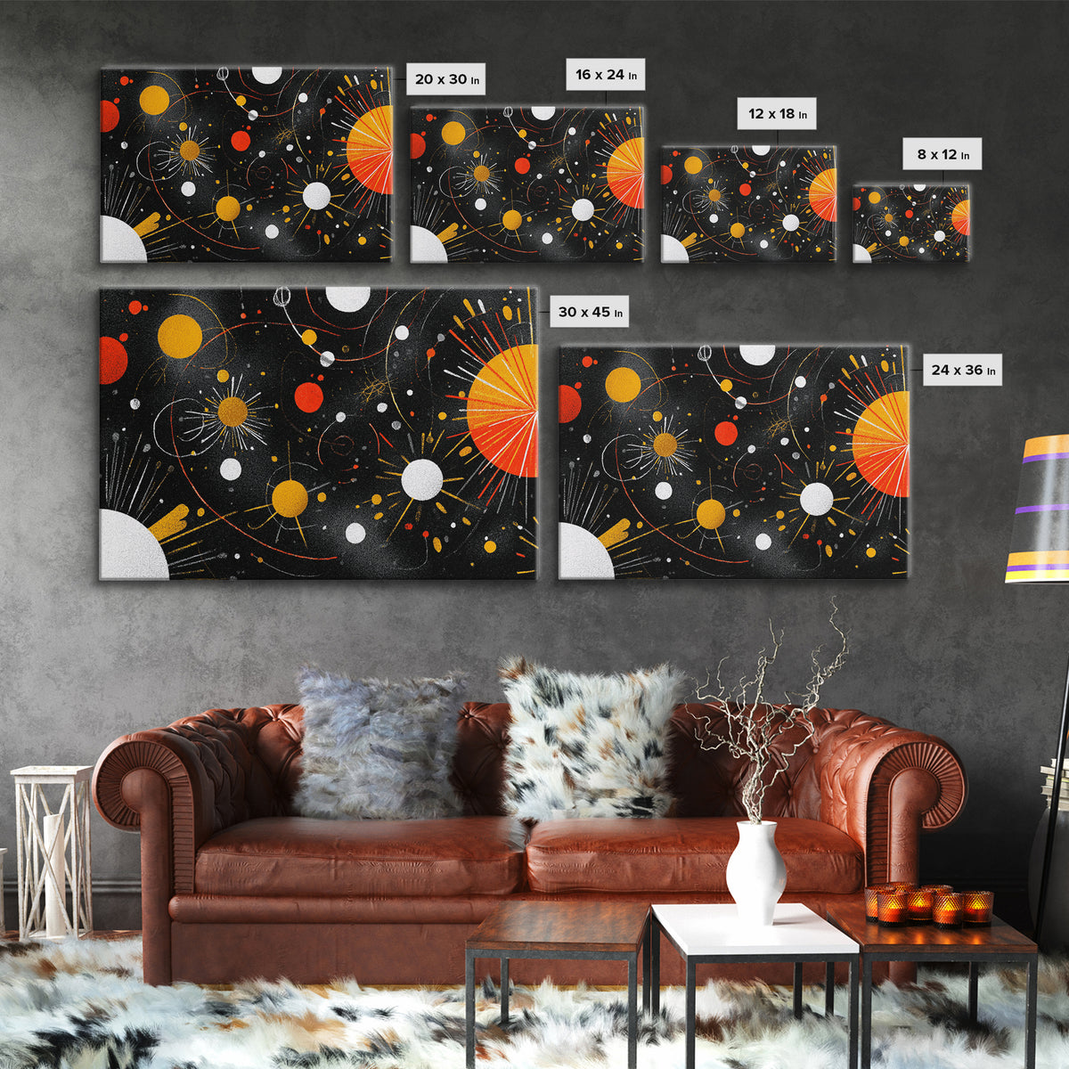 Atomic Black Cosmic Orbits With Red And Gold Suns Wall Art, Mid Century Modern Space Abstract Print, Retro MCM Wall Decor