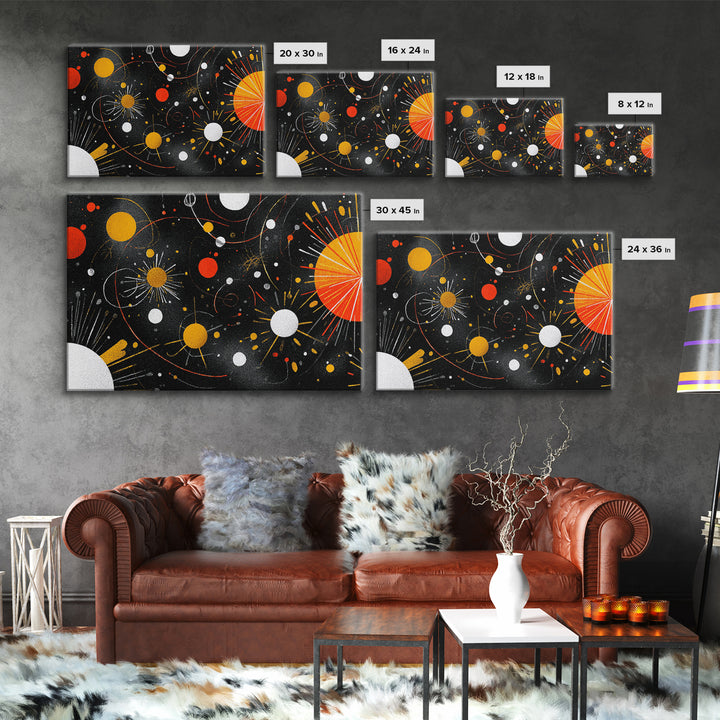 Atomic Black Cosmic Orbits With Red And Gold Suns Wall Art, Mid Century Modern Space Abstract Print, Retro MCM Wall Decor