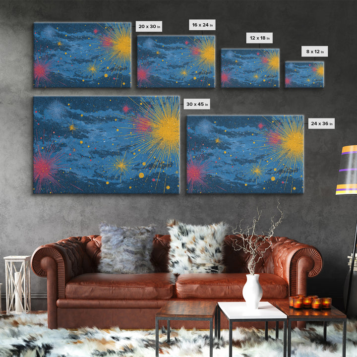 Blue Nebula Sky With Yellow Pink Starbursts Canvas Print, Mid Century Modern Space Abstract Art, Retro Colorful Wall Decor