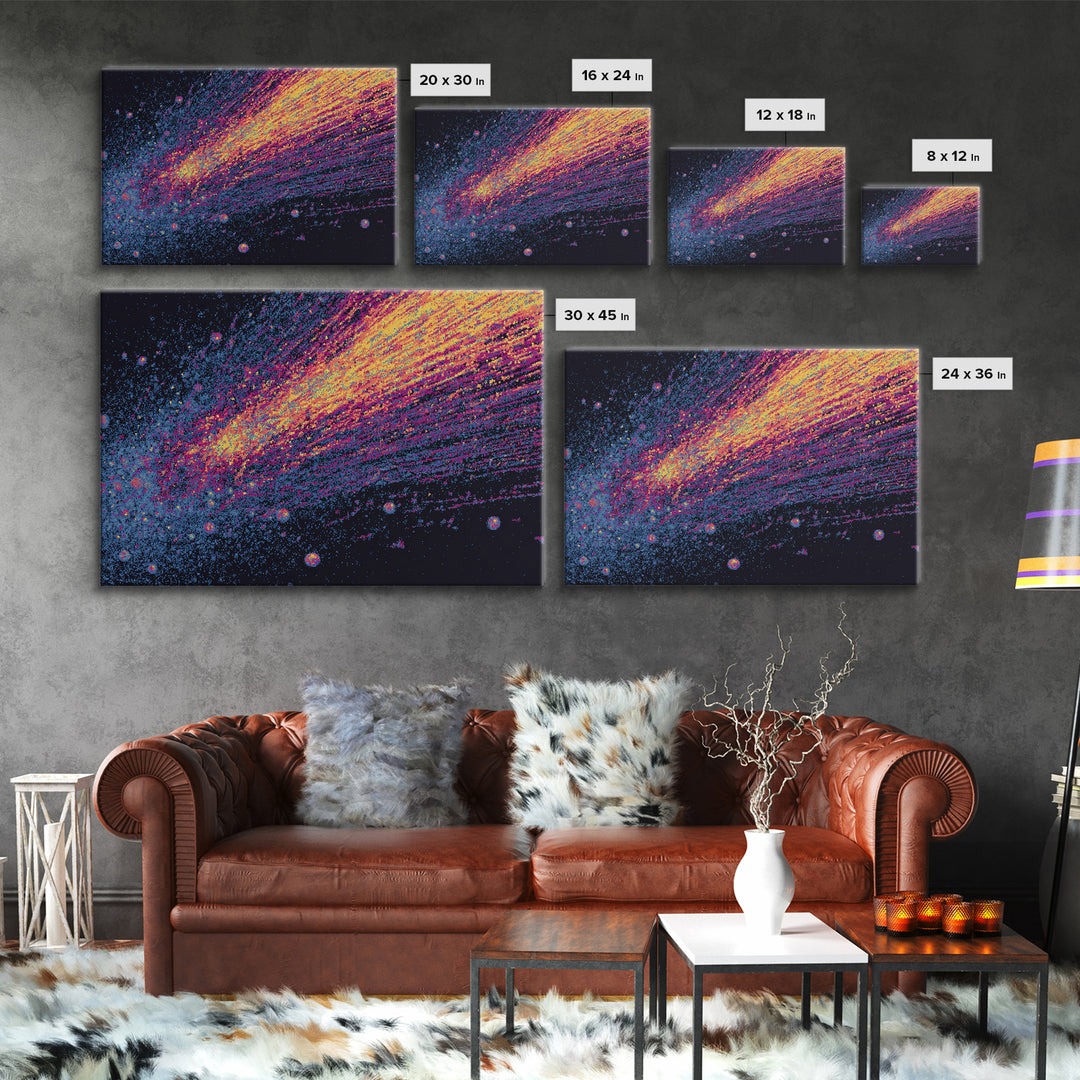 Magenta Gold Comet Trail Across Deep Space Wall Art, Modern Abstract Art Print, Cosmic Retro Poster, Colorful Home Decor