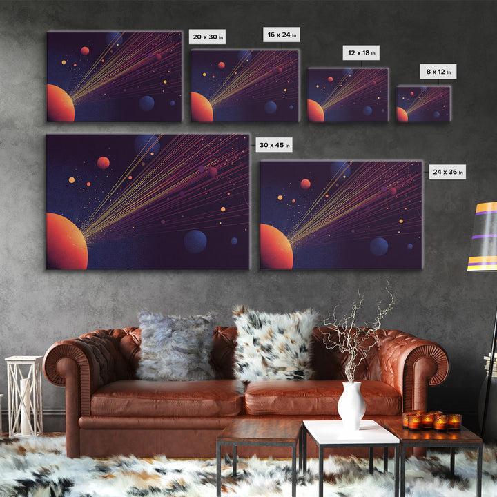 Orange Planet With Laser Orbit Lines Canvas Print, Mid Century Modern Space Poster, Retro Sci Fi Wall Art, MCM Room Decor