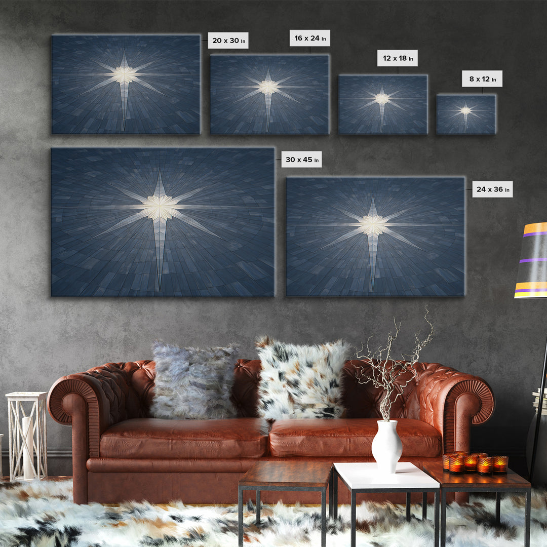 Glowing Star On Blue Geometric Tiles Canvas Print, Modern Wall Art, Abstract Architectural Decor, Minimalist MCM Poster Print