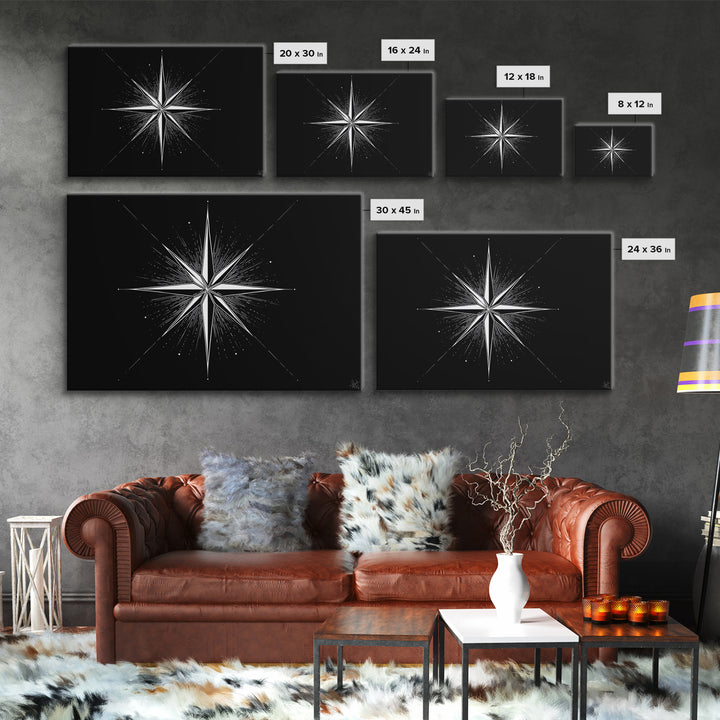 Sharp White Starburst On Deep Black Canvas Print, Minimalist Geometric Wall Art, Modern Abstract Poster, Retro MCM Decor