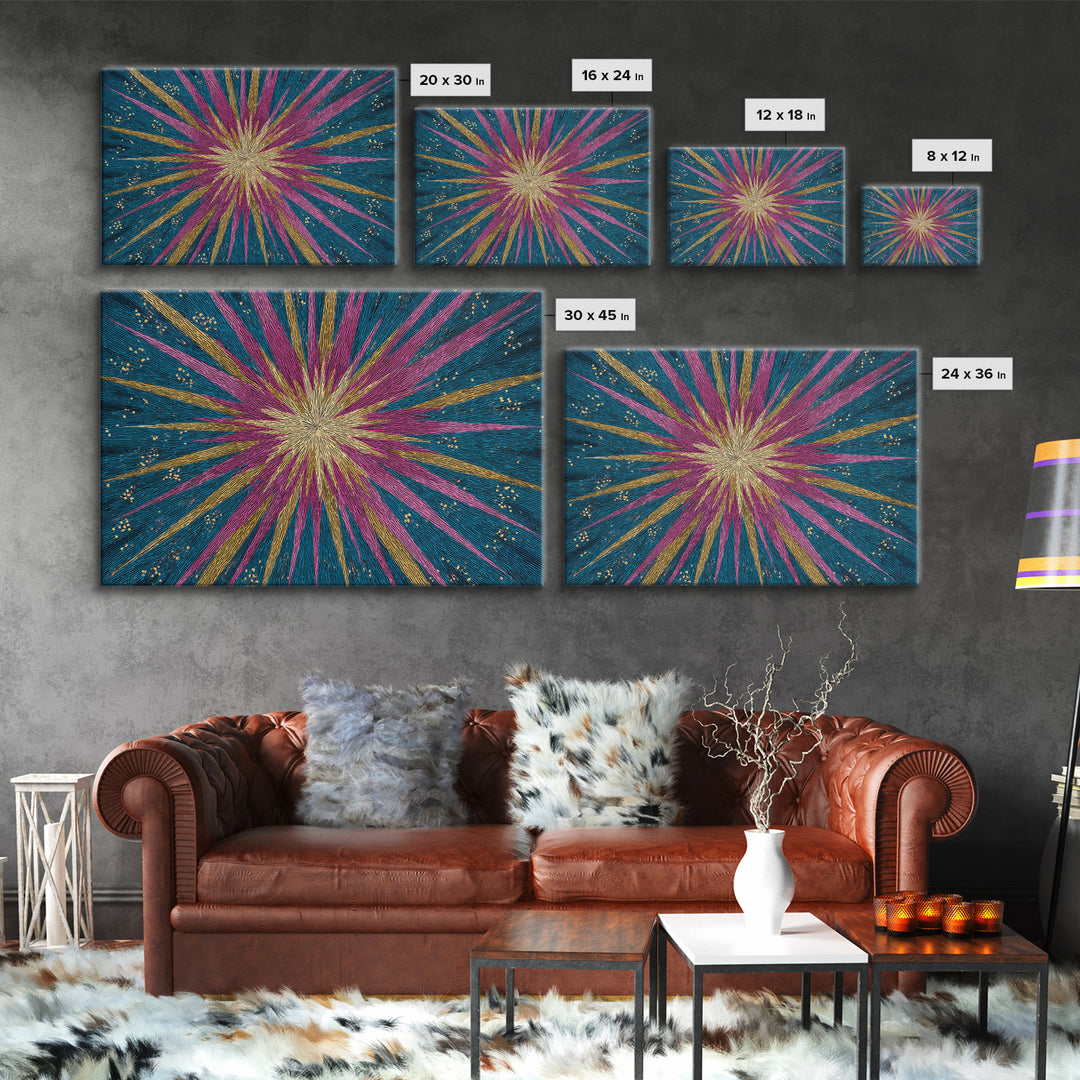 Teal Pink Gold Radiating Star Lines Framed Canvas Print, Modern Abstract Wall Art, Colorful Mid Century Modern MCM Decor Poster