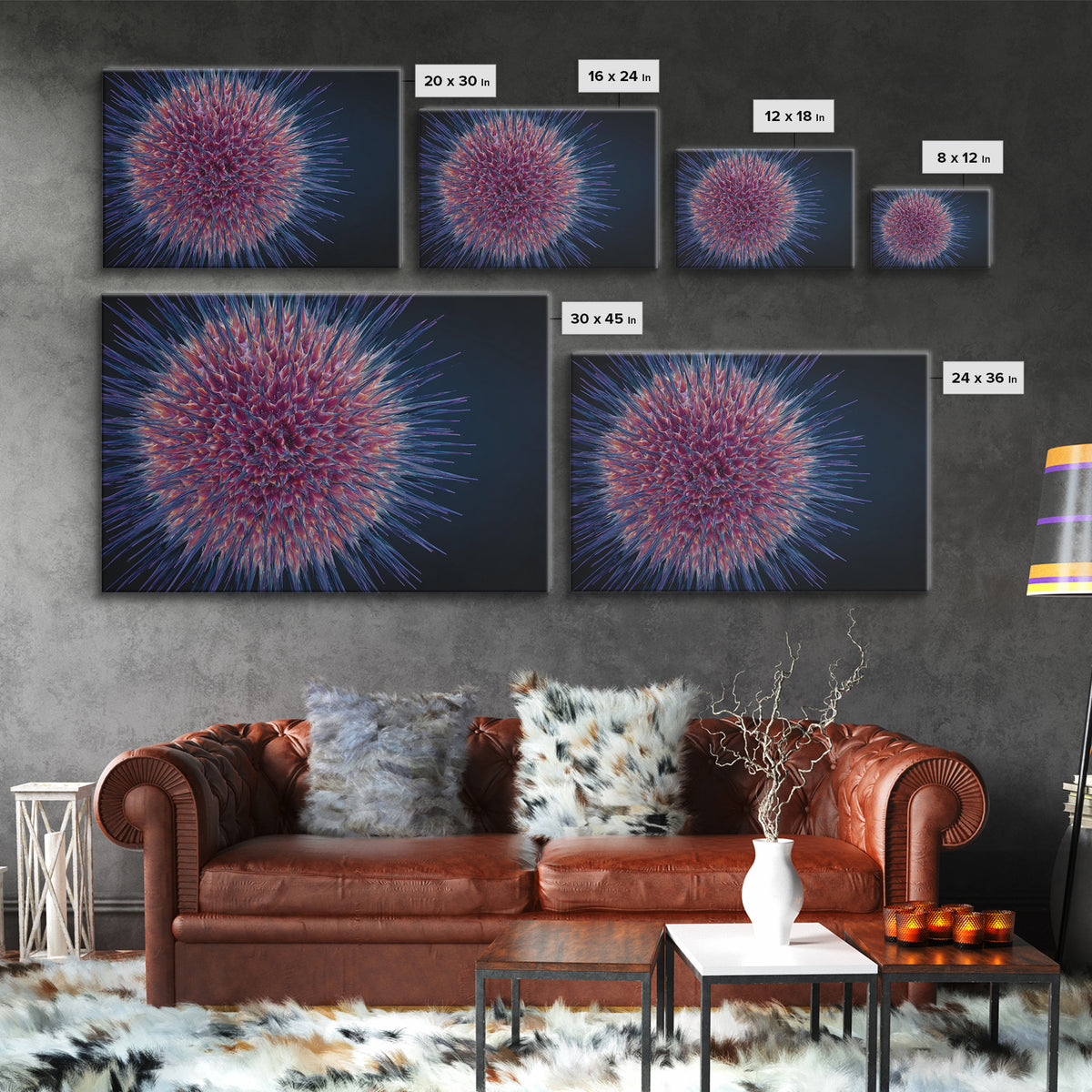 Colorful Spiky Sphere Wall Art, Modern Abstract Art Print, Cosmic Botanical Poster, Blue Pink Home Decor, Statement Canvas Style