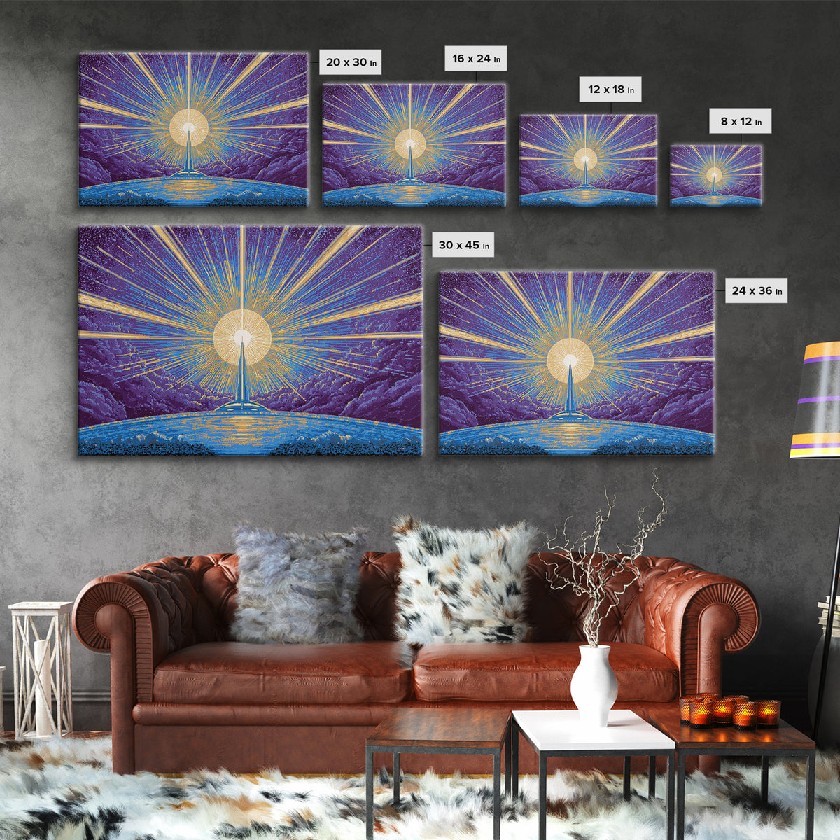 Radiant Rocket Sunrise Wall Art, Retro Sci Fi Poster, Mid Century Modern Art Print, Blue Yellow Space Decor, Space Abstract Art