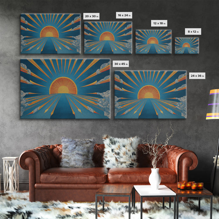 Embroidered Sunburst Canvas Print, Mid Century Modern Wall Art, Retro Sun Poster, Teal Orange Textile Style Home Decor Print