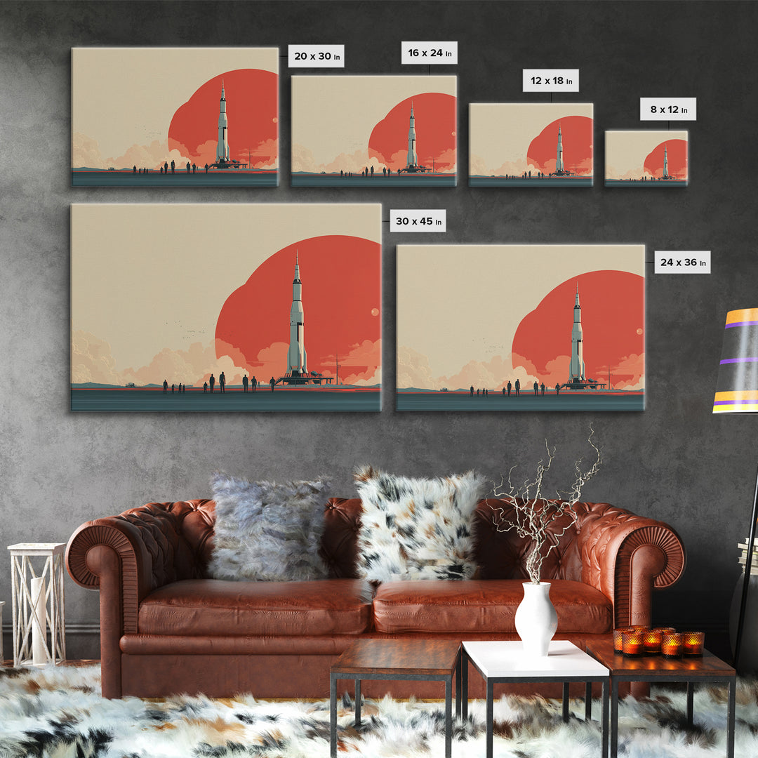 Minimal Rocket Red Sun Framed Canvas Print, Mid Century Modern Wall Art, Space Age Poster, Palm Springs Colors, Retro Decor