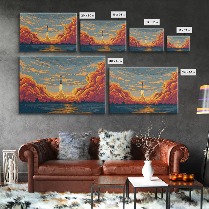 Rocket Launch Clouds Canvas Print, Retro Sci Fi Wall Art, Mid Century Modern Poster, Orange Blue Landscape Decor, Space Art Print