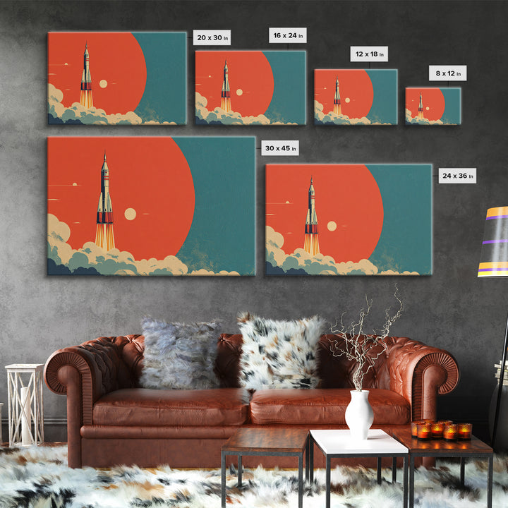 Retro Rocket Launch At Orange Planet, Midcentury Modern Wall Art, Space Poster, Sci Fi Print, Atomic Decor For Living Room
