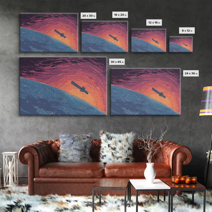 Satellite Over Blue Planet At Sunset, Retro Sci Fi Wall Art, Midcentury Modern Art Print, Space Poster For Home Office Decor