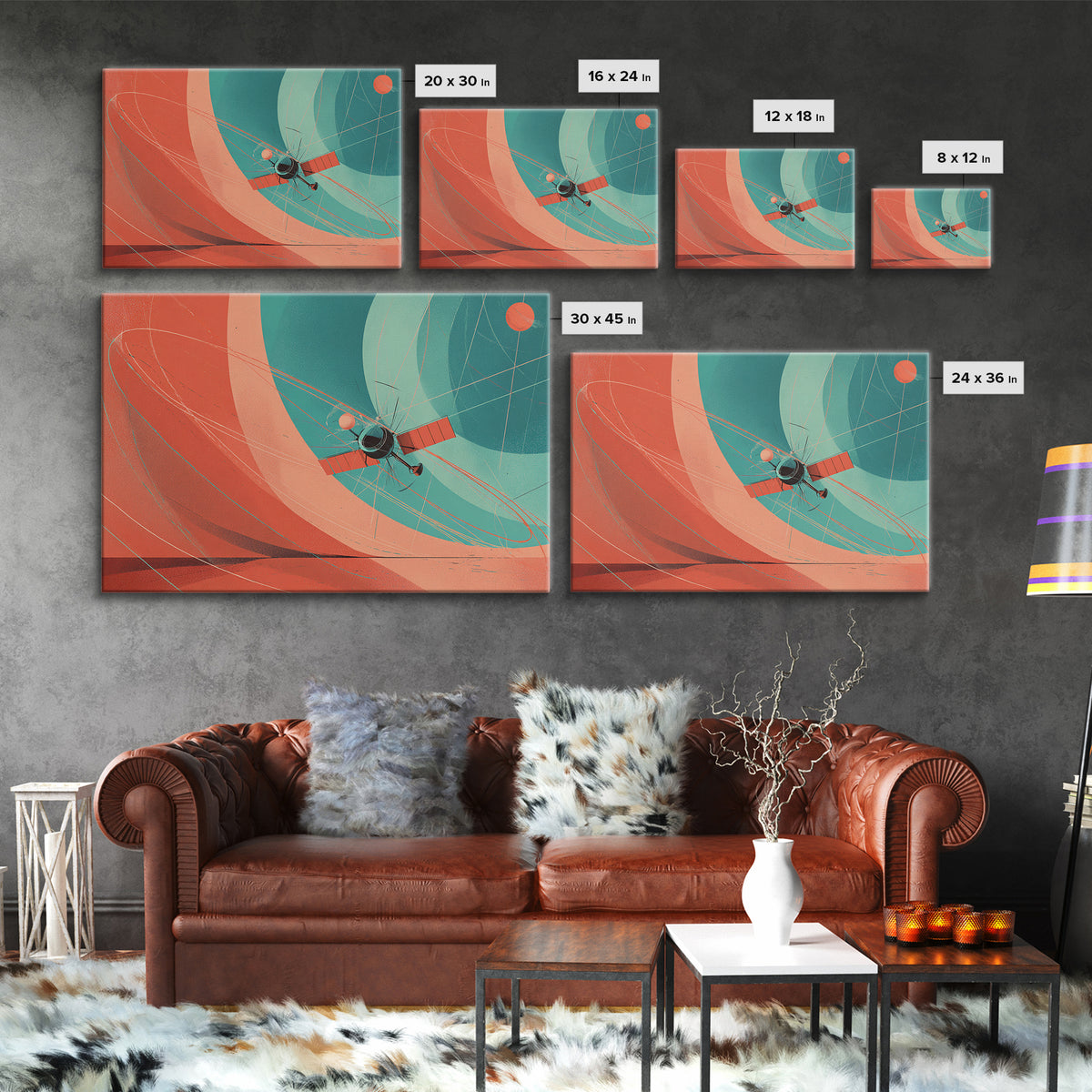 Abstract Satellite Orbit With Coral Teal Planets, Canvas Print, Midcentury Modern Wall Art, Geometric Space Poster Decor
