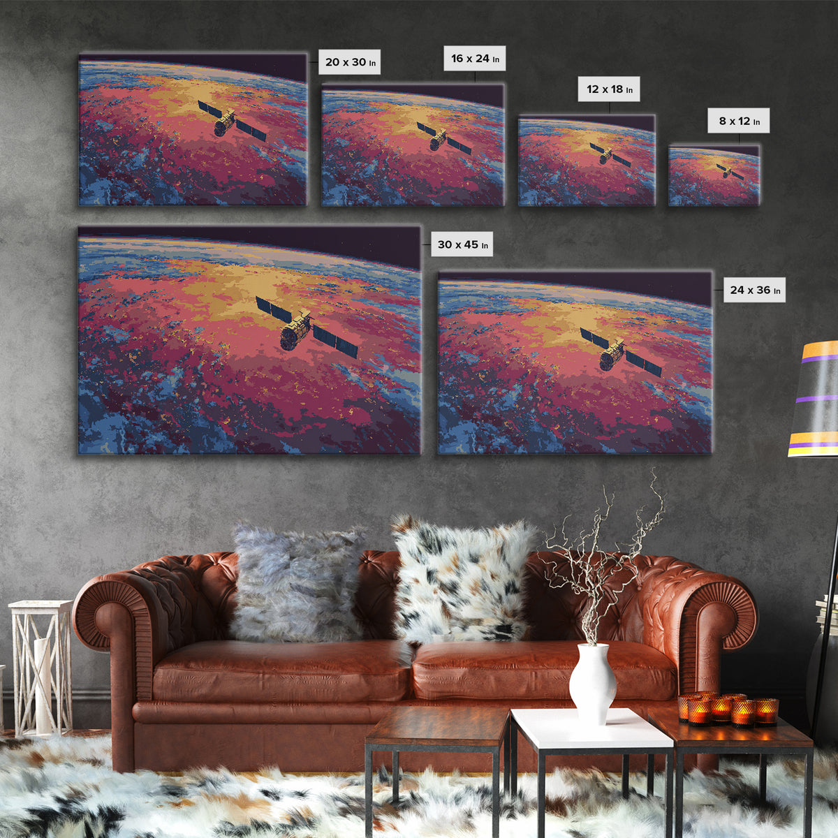 Colorful Satellite Above Pink Blue Earth, Midcentury Modern Wall Art, Retro Sci Fi Poster, Large Canvas Print For Office