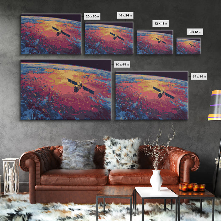 Colorful Satellite Above Pink Blue Earth, Midcentury Modern Wall Art, Retro Sci Fi Poster, Large Canvas Print For Office
