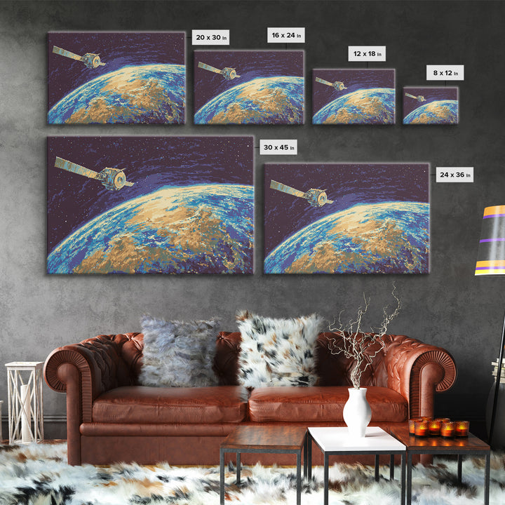 Satellite Over Earth With Stars, Midcentury Modern Wall Art, Retro Sci Fi Space Poster, Blue Canvas Print For Office Decor