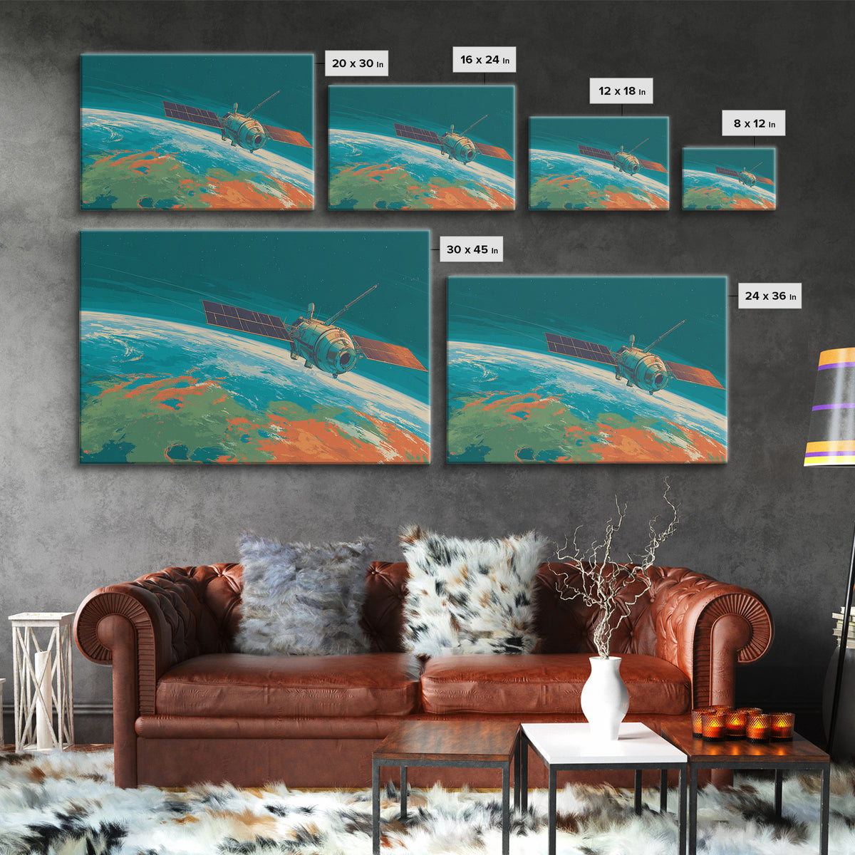 Teal Satellite Above Earth Horizon, Canvas Print, Midcentury Modern Wall Art, Retro Space Poster, Modern Home Office Decor