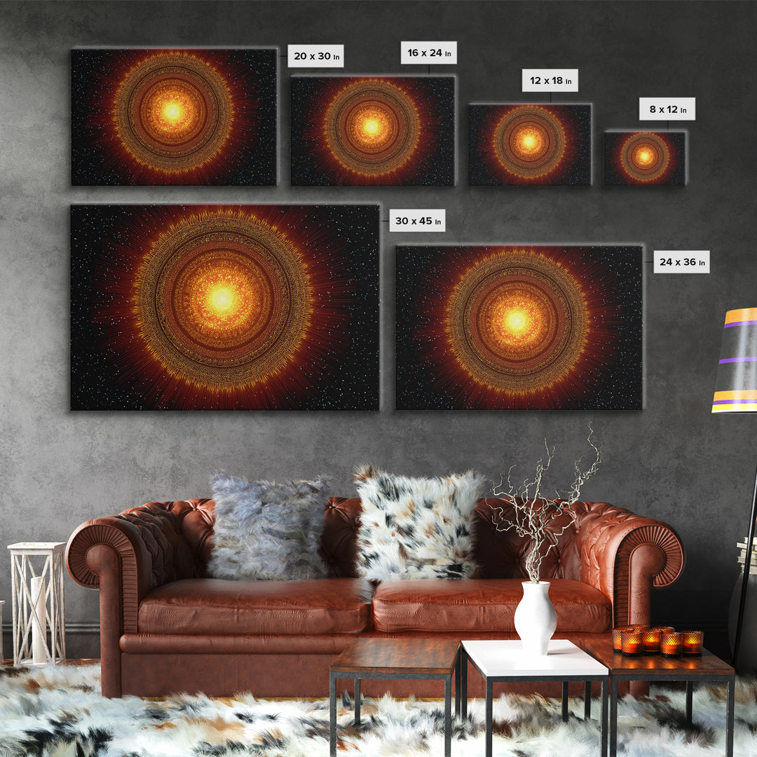 Radiant Orange Sun Star Mandala In Space, Midcentury Modern Wall Art, Cosmic Abstract Canvas Print, Spiritual Decor For Living Room
