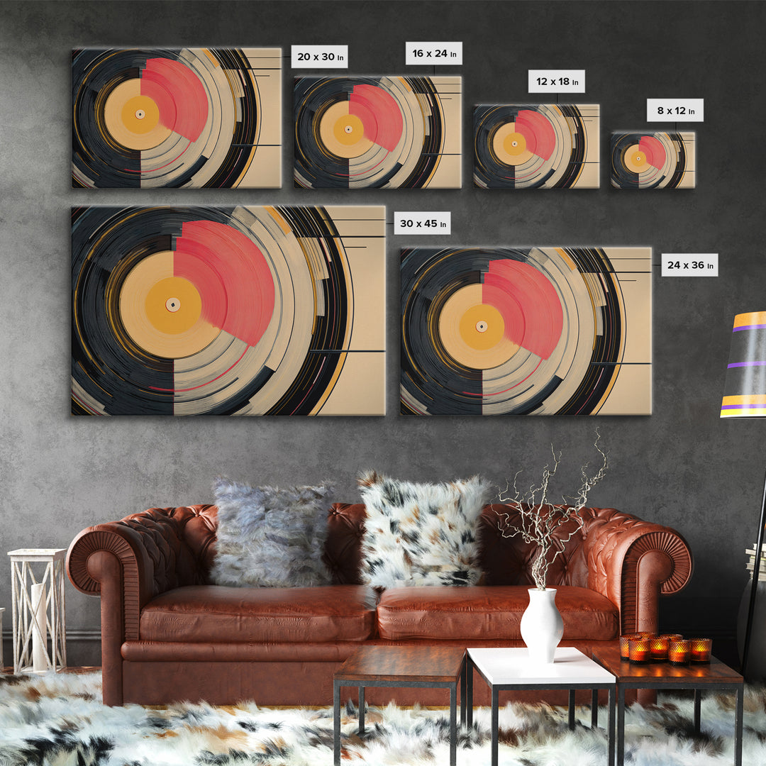 Coral And Gold Vinyl Circles Framed Canvas Print, Mid Century Modern Wall Decor, Abstract Record Art, Bold MCM Home Art Poster