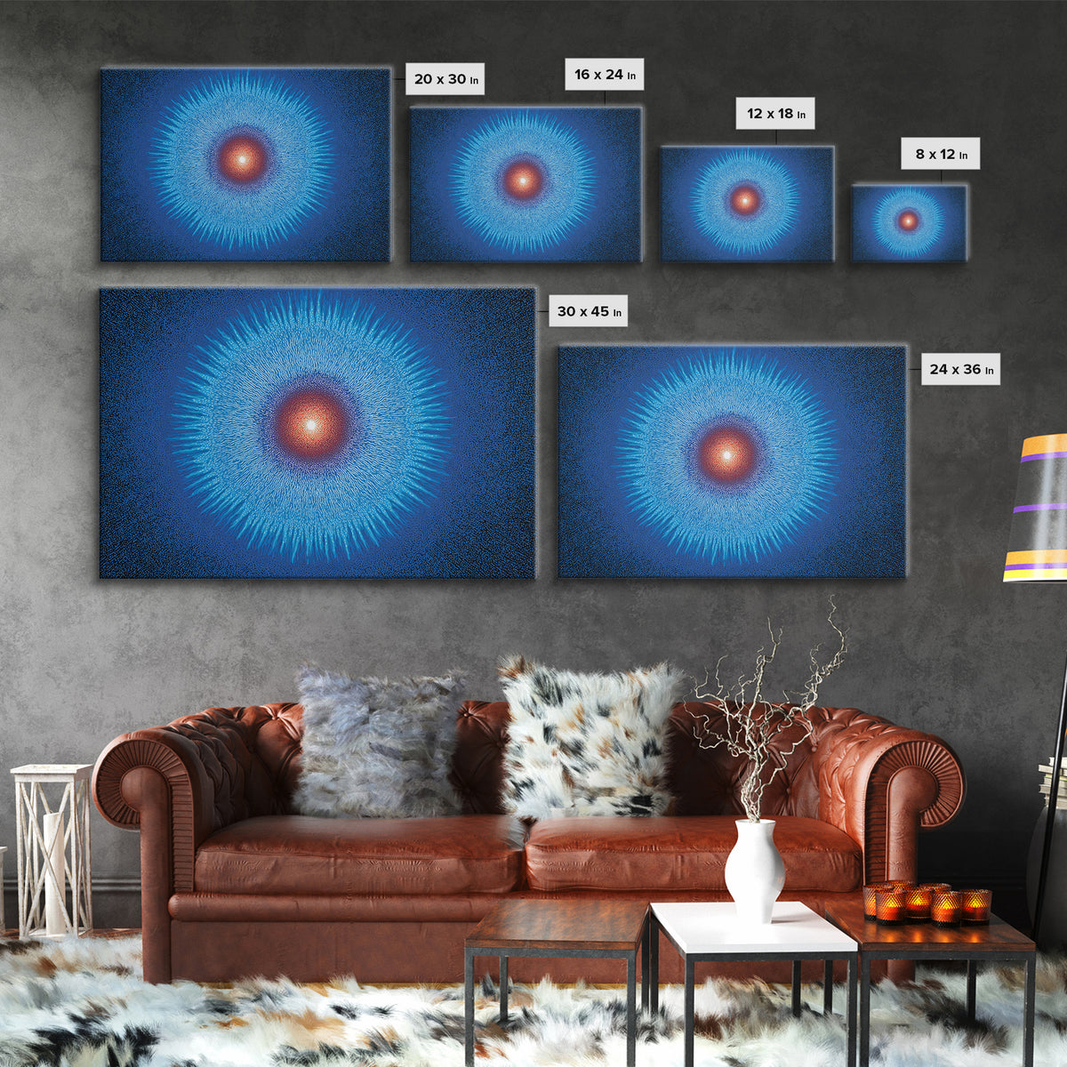 Electric Blue Cosmic Sun Burst, Abstract Wall Art, Midcentury Modern Canvas Print, Space Poster For Modern Home Office Decor