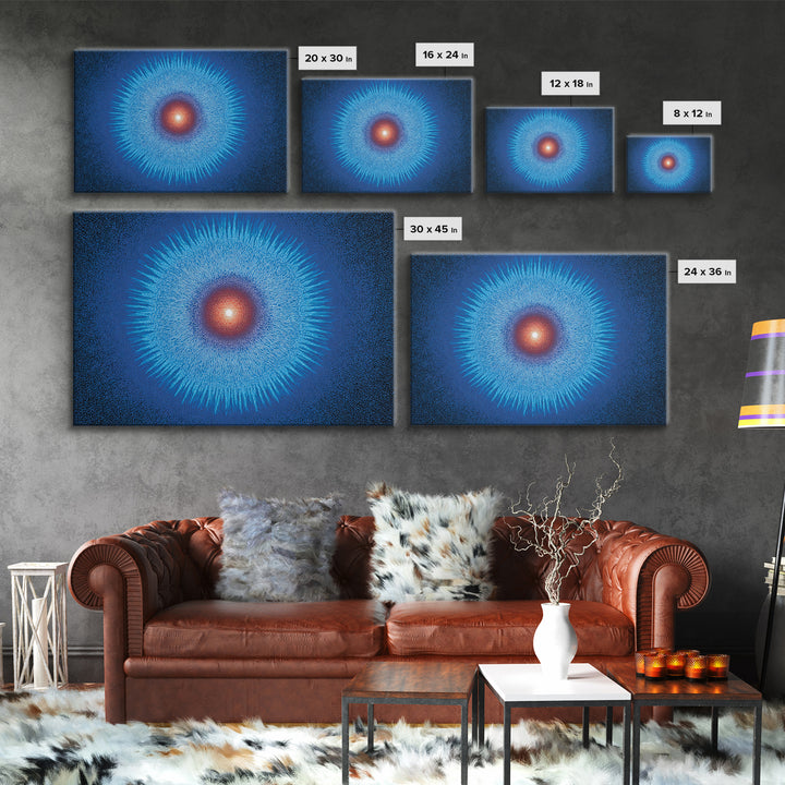 Electric Blue Cosmic Sun Burst, Abstract Wall Art, Midcentury Modern Canvas Print, Space Poster For Modern Home Office Decor