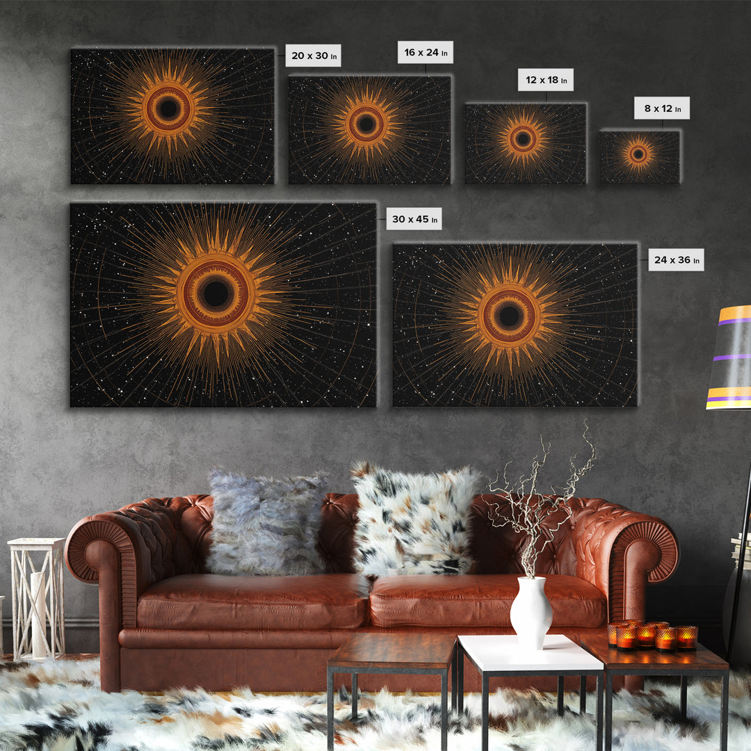 Orange Eclipse Starburst In Black Space Wall Art, Midcentury Modern Art Print, Atomic Retro Decor, Cosmic Abstract Poster