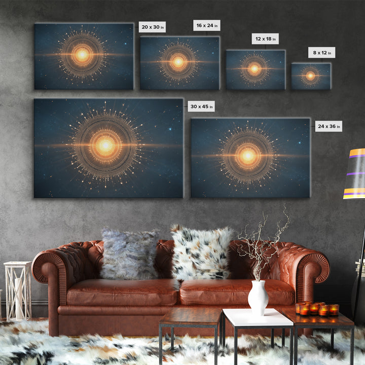 Glowing Golden Sun Mandala In Deep Space Canvas Print, Modern Abstract Art, Celestial Wall Decor, Midcentury Cosmic Poster