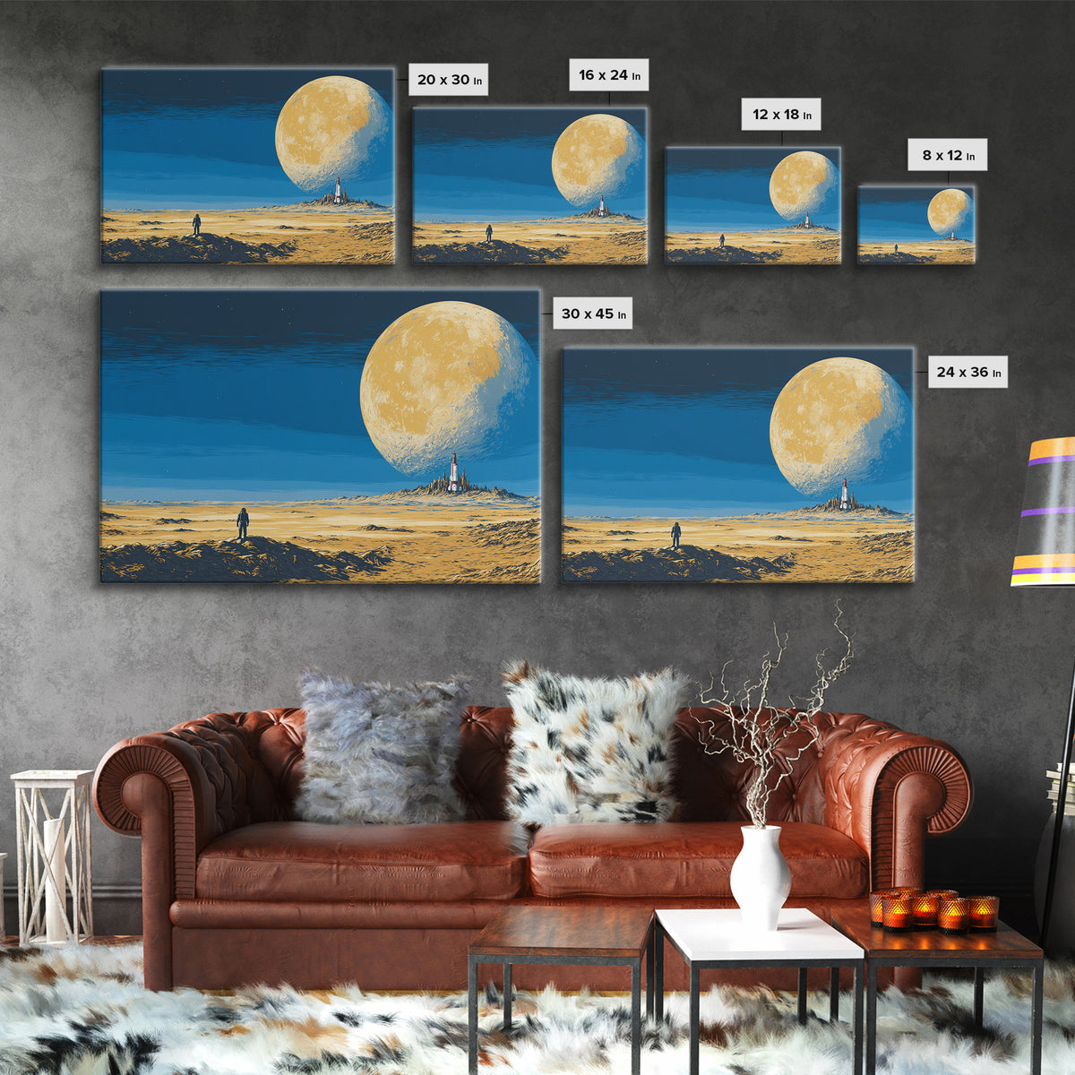 Lone Astronaut On Golden Moon Desert Wall Art, Retro Sci Fi Landscape Poster, Midcentury Modern Space Decor, Blue Yellow Print