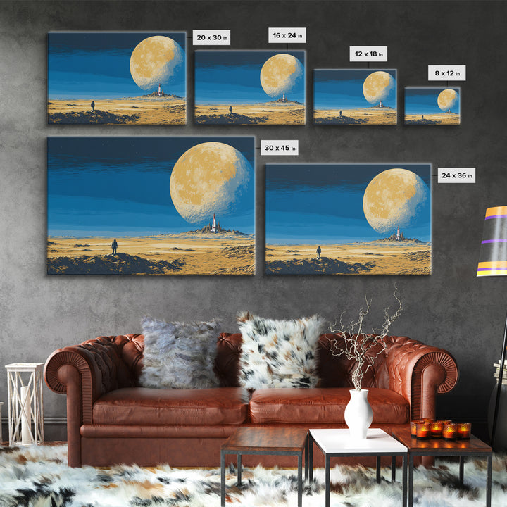 Lone Astronaut On Golden Moon Desert Wall Art, Retro Sci Fi Landscape Poster, Midcentury Modern Space Decor, Blue Yellow Print