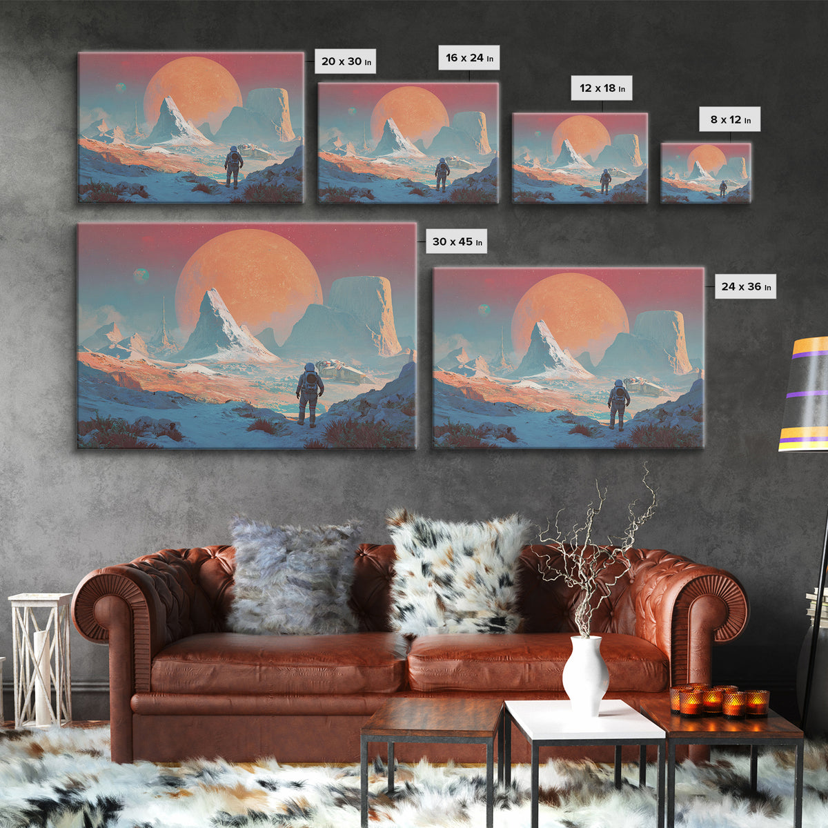 Pastel Astronaut Alien Planet Mountain Framed Canvas Print, Modern Sci Fi Wall Art, Pink Blue Landscape, Retro Space Decor