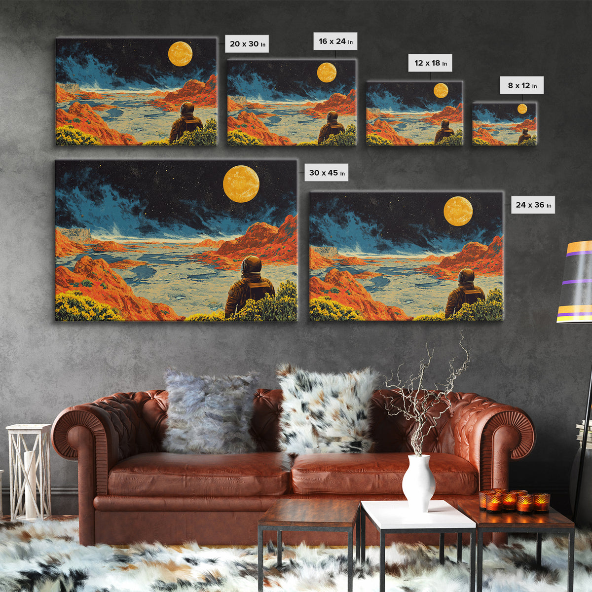 Astronaut On Orange Lunar Desert Wall Art, Retro Sci Fi Moon Poster, Midcentury Modern Art Print, Bold Space Landscape Decor