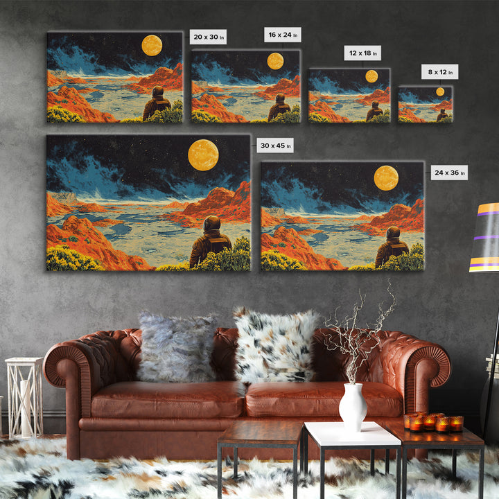 Astronaut On Orange Lunar Desert Wall Art, Retro Sci Fi Moon Poster, Midcentury Modern Art Print, Bold Space Landscape Decor