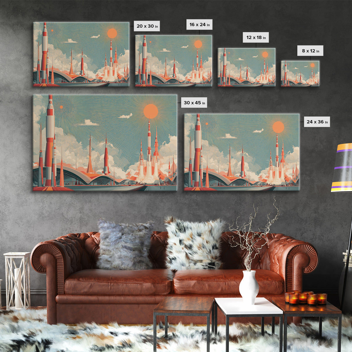 Retro Rocket City Launch With Orange Sun Wall Art, Midcentury Modern Space Poster, Atomic Architecture Decor, Teal Print