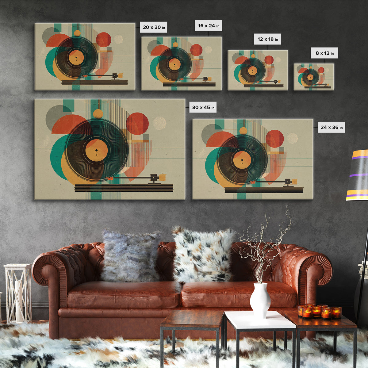 Teal Orange Geometric Turntable Wall Art, Mid Century Modern Record Player Decor, Abstract Music Poster, Retro MCM Print