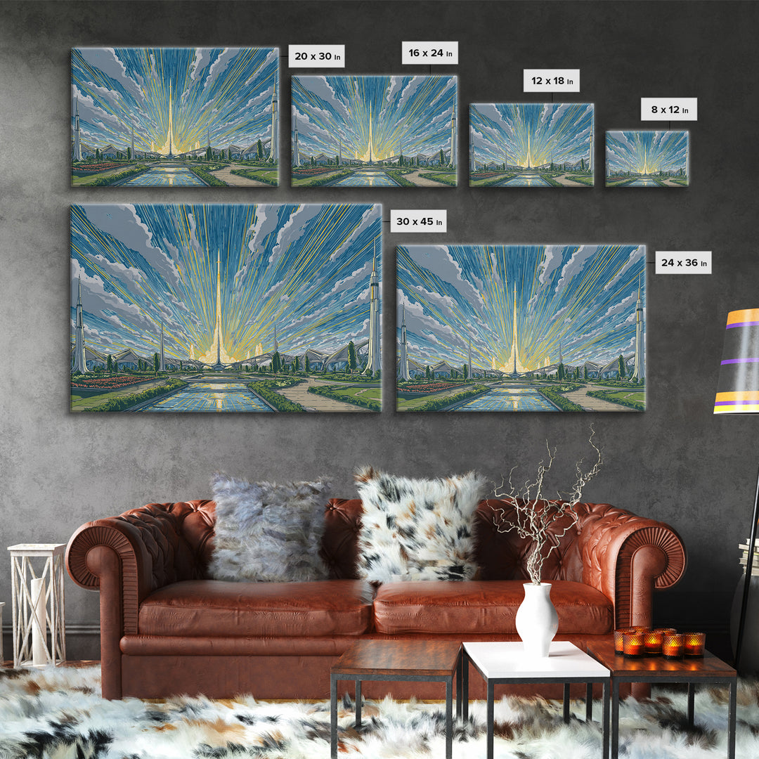 Futuristic Rocket Skyline At Sunrise Framed Canvas Print, Midcentury Modern Wall Art, Atomic City Poster, Blue Yellow Decor