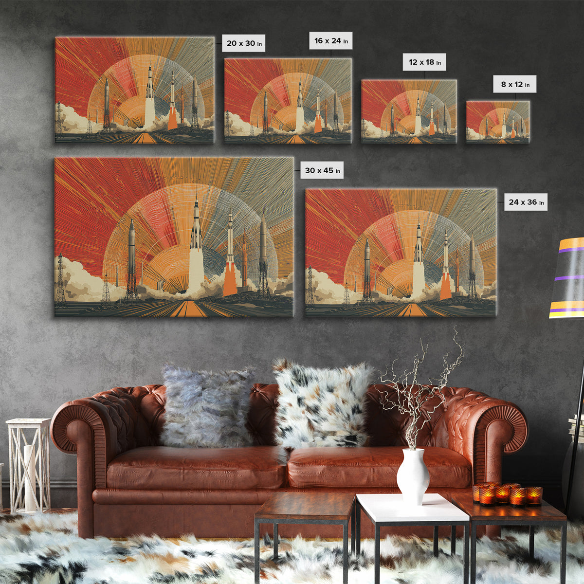 Rocket Launch Wall Art, Retro Space Race Poster, Midcentury Modern Art Print, Atomic Sunset Sci Fi Large MCM Office Decor
