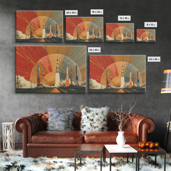 Rocket Launch Wall Art, Retro Space Race Poster, Midcentury Modern Art Print, Atomic Sunset Sci Fi Large MCM Office Decor
