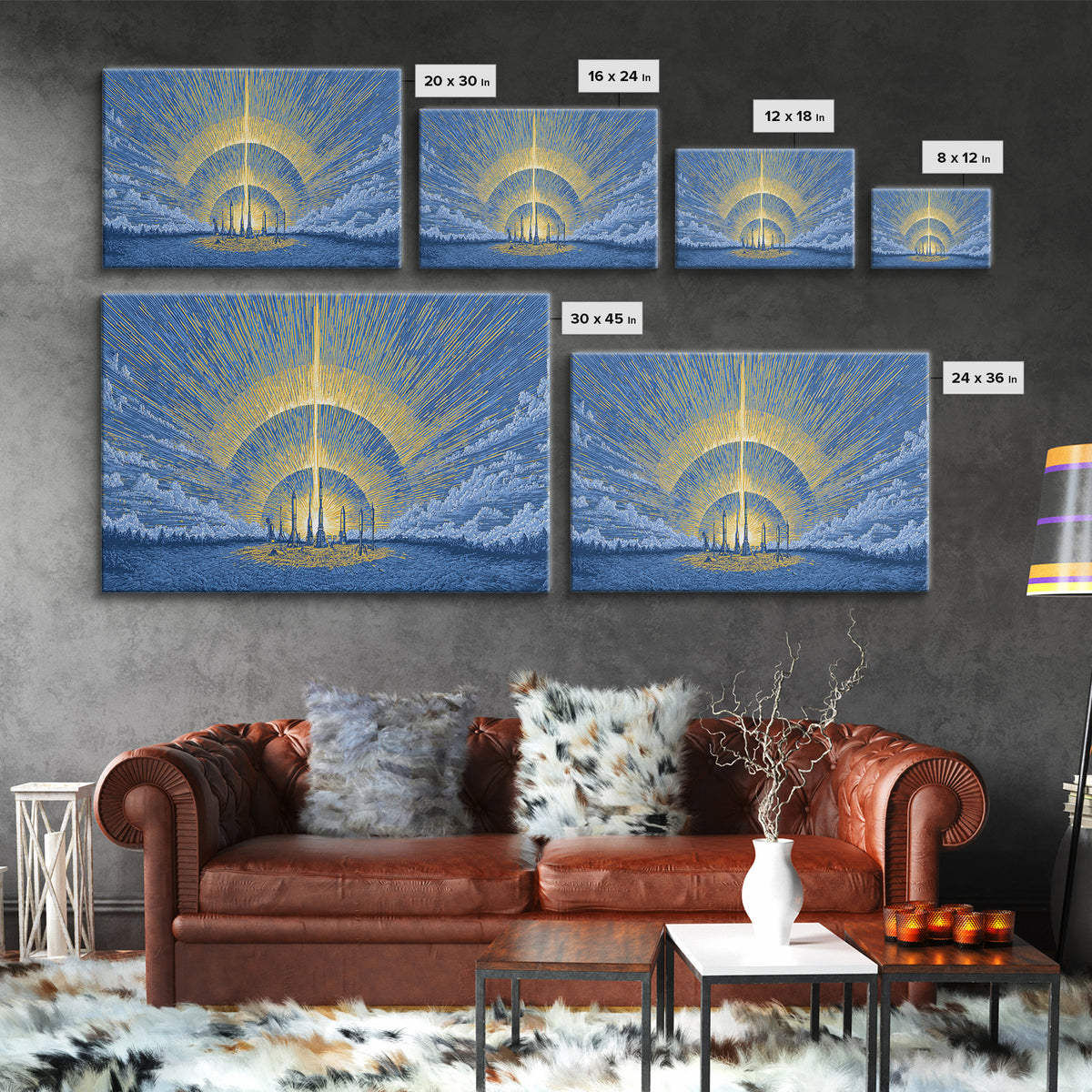 Blue Solar City Wall Art, Futuristic Sunrise Poster, Midcentury Modern Art Print, Retro Space Abstract Large MCM Home Decor