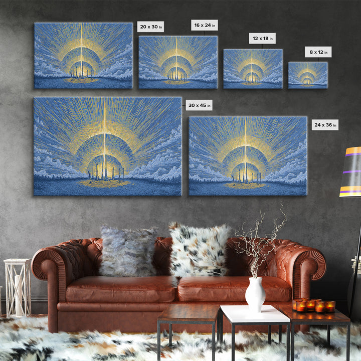 Blue Solar City Wall Art, Futuristic Sunrise Poster, Midcentury Modern Art Print, Retro Space Abstract Large MCM Home Decor