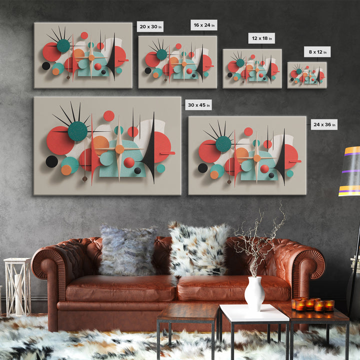 Coral Teal Geometric Wall Art, Modern Abstract Sculpture Canvas Print, Midcentury Modern Decor, Retro MCM Home Decor Print