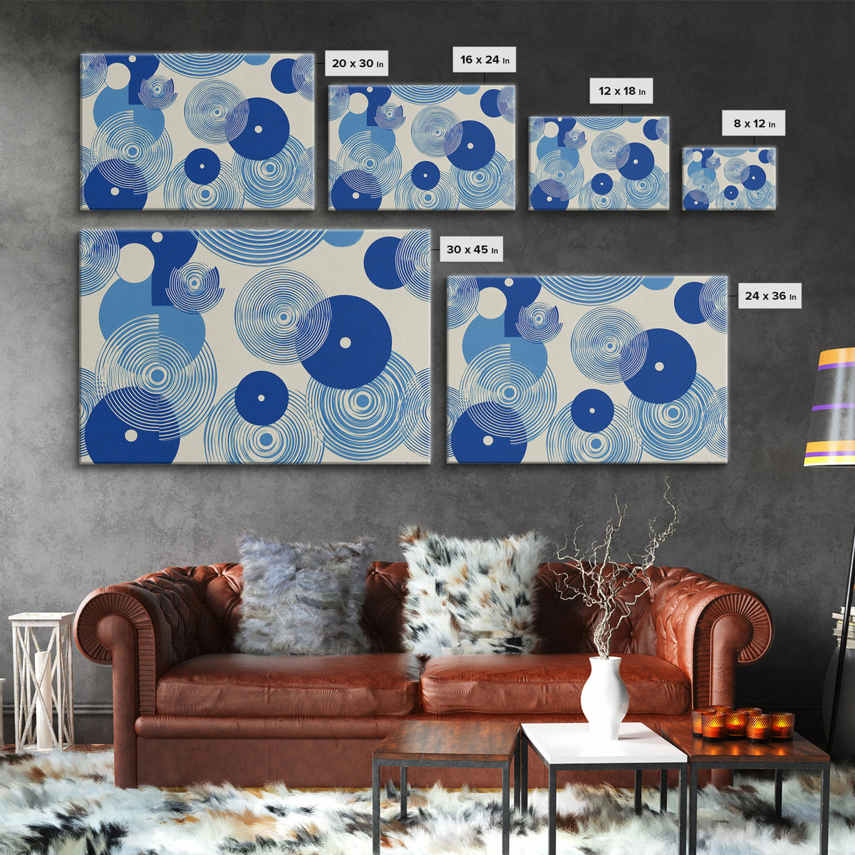 Blue Concentric Circle Pattern Canvas Print, Scandinavian Modern Wall Art, Geometric Abstract Decor, Minimal MCM Poster Print