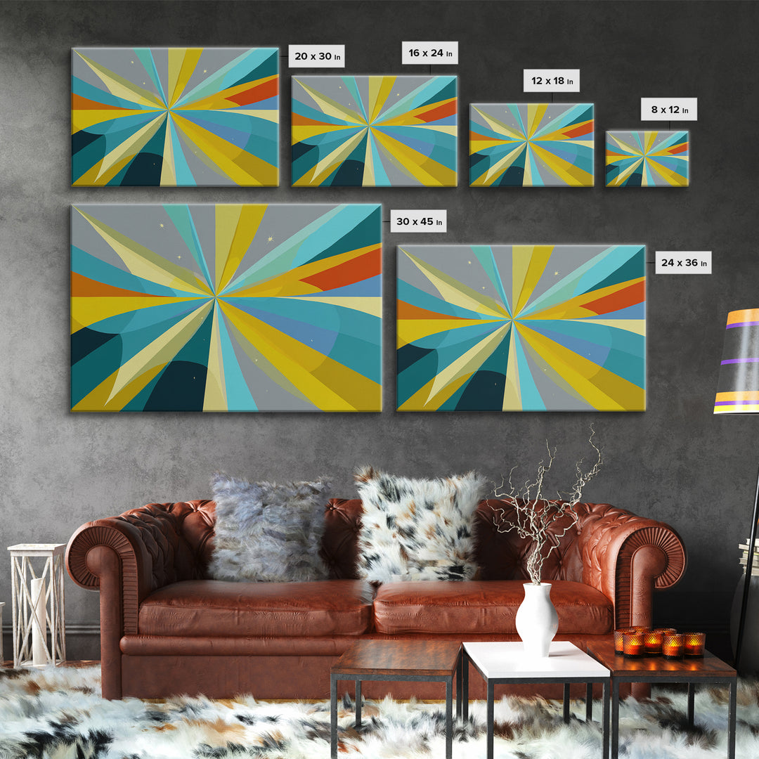 Radiant Starburst Wall Art, Blue Yellow Geometric Abstract Print, Midcentury Modern Decor, Retro MCM Large Living Room Decor