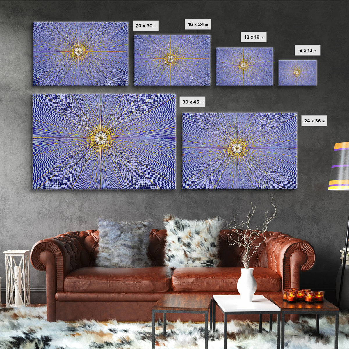 Blue Gold Radial Starburst Clock Canvas Print, Mid Century Modern Wall Decor, Atomic Retro Art Print, MCM Home Decor, Living Room Artwork