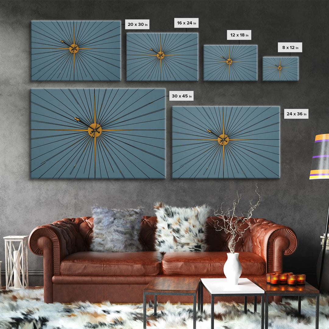 Minimal Gold Starburst Clock On Teal Wall Art, Mid Century Modern Decor, Atomic Geometric Art Print, Retro MCM Poster, Home Office Decor